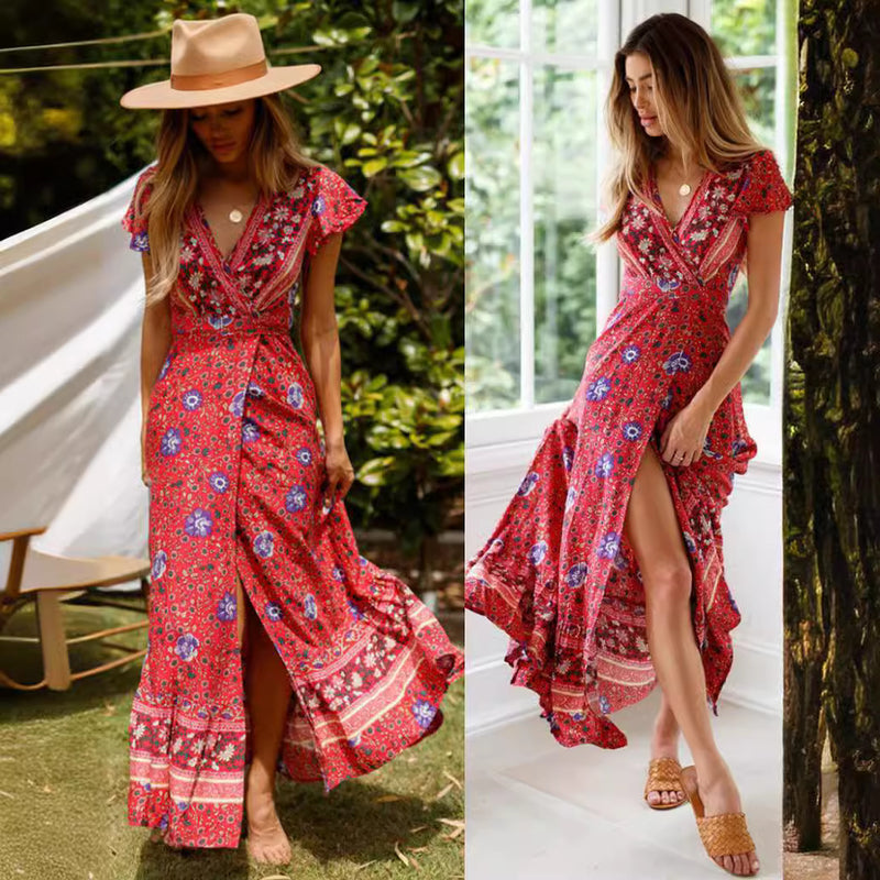 v-neck split bohemian print dress, view 2 - MRSLM