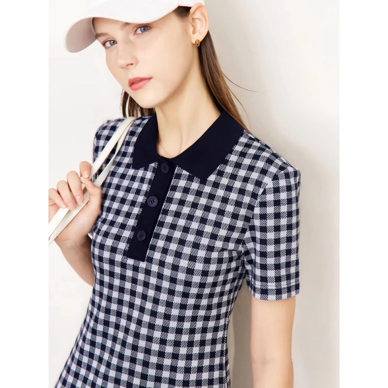checkerboard slim polo collar dress, view 6 - MRSLM