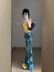 women's multi-pocket washed drawstring bootcut jeans, view 5 - MRSLM