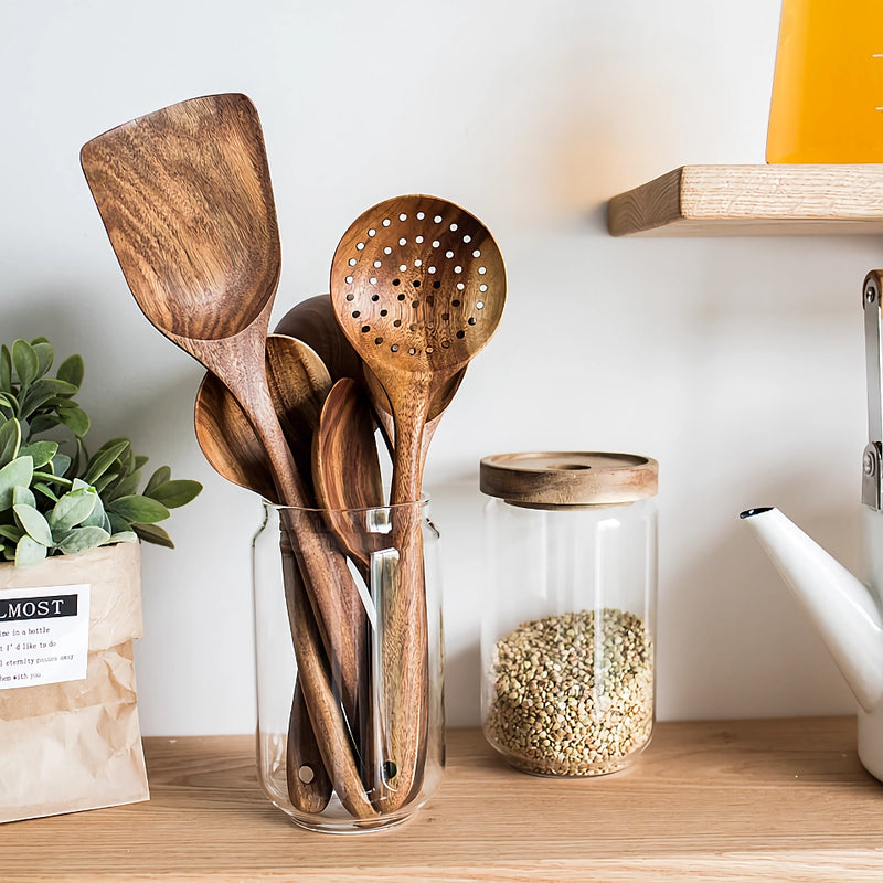 teak wood cooking utensils set, view 3 - MRSLM