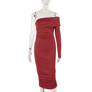 one-shoulder pleated long sleeve dress, view 7 - MRSLM