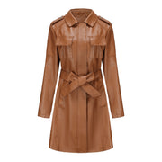women's mid-length faux leather coat with belt, view 3 - MRSLM