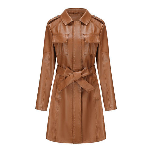 women's mid-length faux leather coat with belt, view 3 - MRSLM