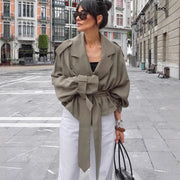 women's olive lapel lace-up trench coat - MRSLM