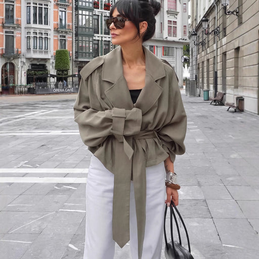 women's olive lapel lace-up trench coat - MRSLM