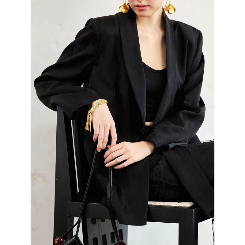 black blazer coat with neckline ribbon, view 6 - MRSLM