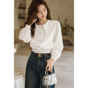 korean doll neck lace patchwork bubble sleeve top, view 3 - MRSLM