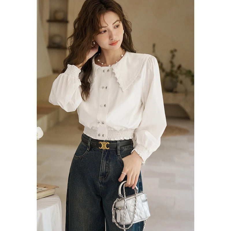 korean doll neck lace patchwork bubble sleeve top, view 3 - MRSLM
