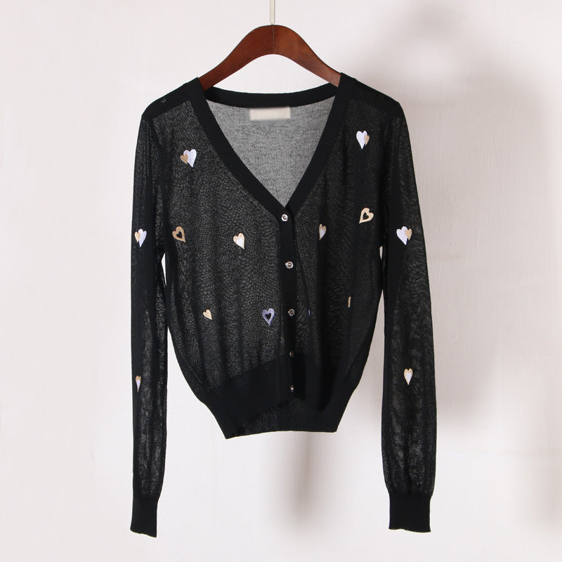 embroidered v-neck ice silk knit cardigan, view 2 - MRSLM