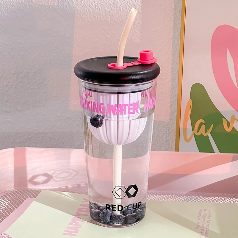 Cute glass cup with lid and straw, view 3 - MRSLM