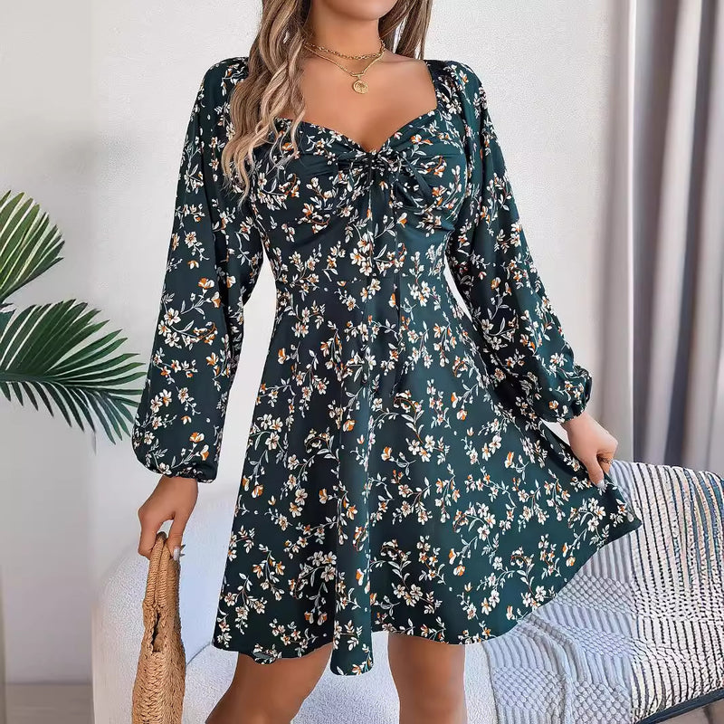 floral lace-up square collar long sleeve dress, view 3 - MRSLM
