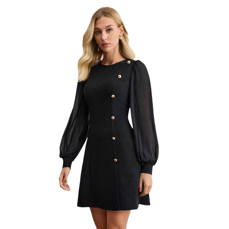women's round neck slim long sleeve dress, view 5 - MRSLM
