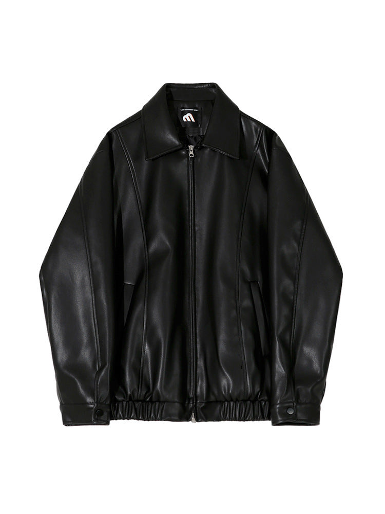 cropped pu leather jacket men polo collar, view 7 - MRSLM