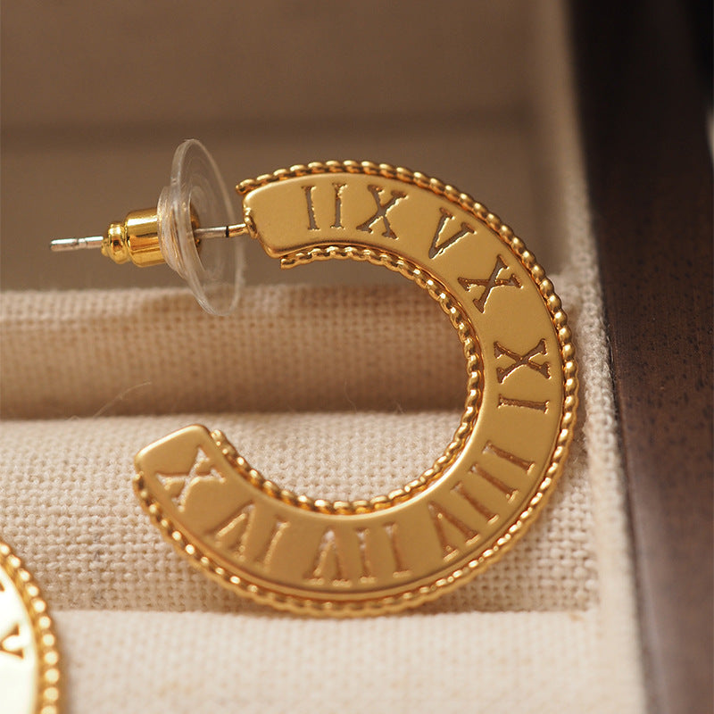 gold-tone roman numeral ring earrings, view 4 - MRSLM