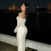 off-the-shoulder long sleeve mesh dress, view 3 - MRSLM