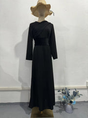 velvet long sleeve shawl dress black, view 5 - MRSLM