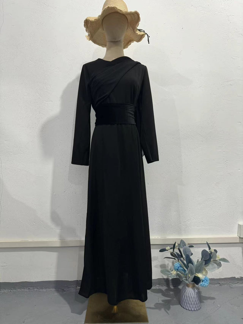 velvet long sleeve shawl dress black, view 5 - MRSLM
