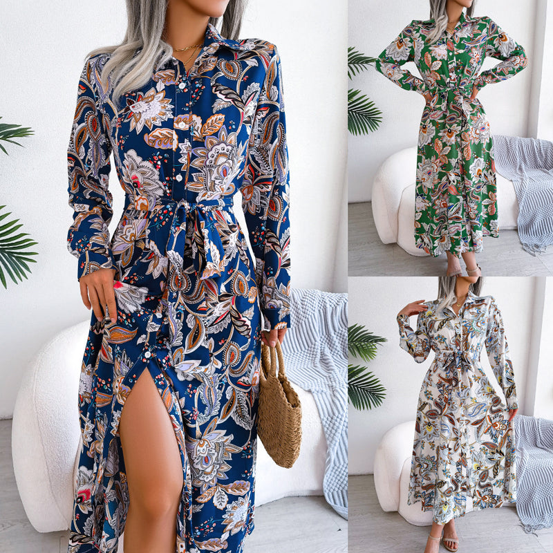 retro flower lapel tie-up shirt dress - MRSLM
