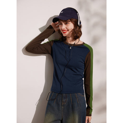 long sleeve round neck contrast color top, view 2 - MRSLM