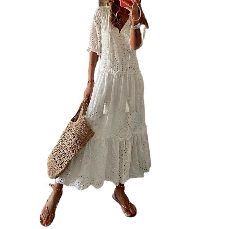 casual v-neck printed mid-length dress, view 3 - MRSLM