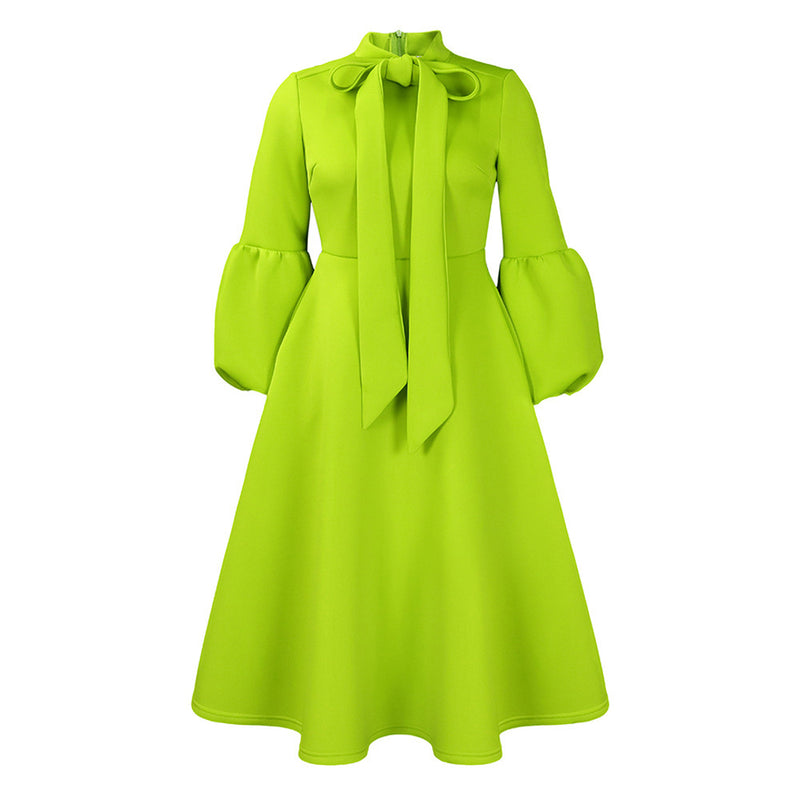 puff sleeve lace-up swing dress, view 12 - MRSLM