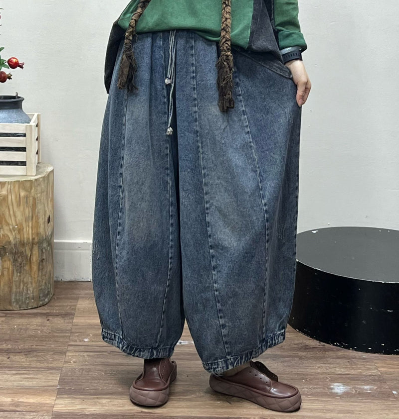 Women's Large Size Retro Denim Elastic Wide-leg Pants