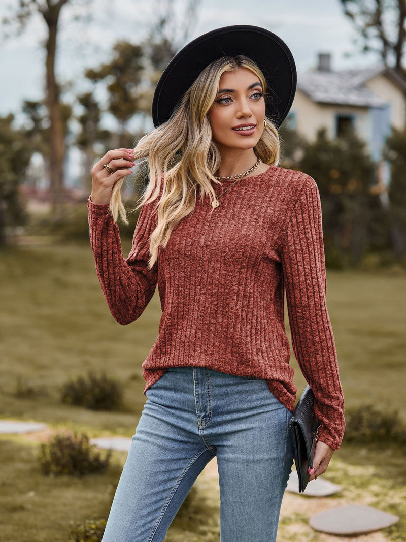 women's brushed cotton round neck long sleeve tee, view 4 - MRSLM
