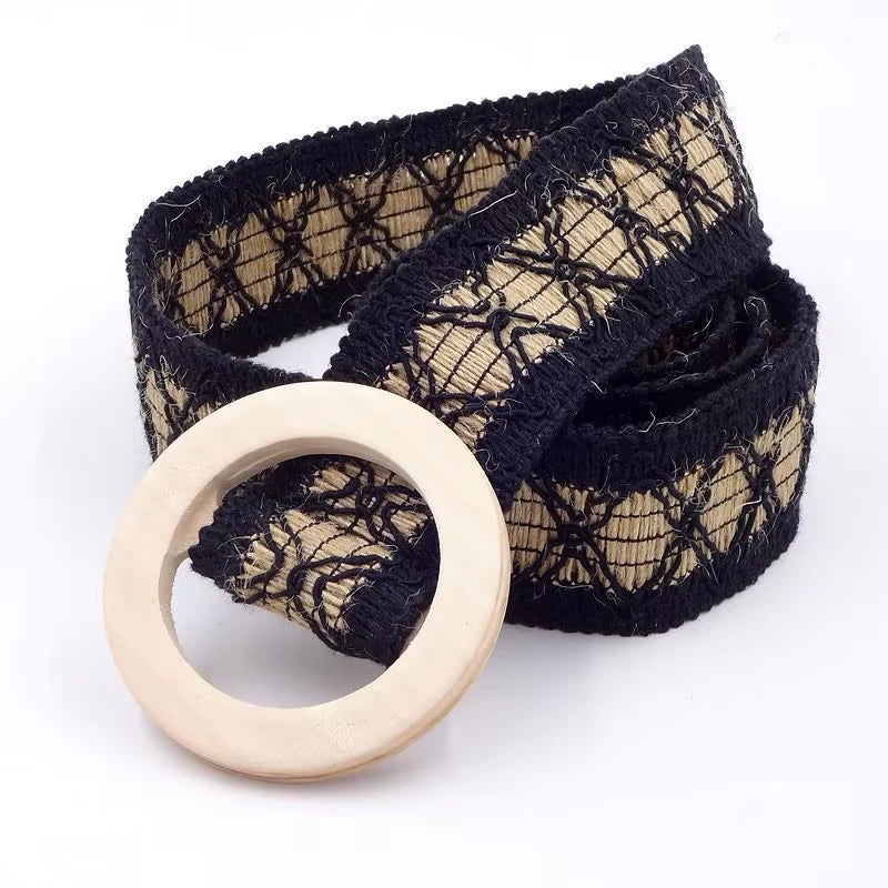 Boho crochet lace belt with wooden buckle, view 9 - MRSLM