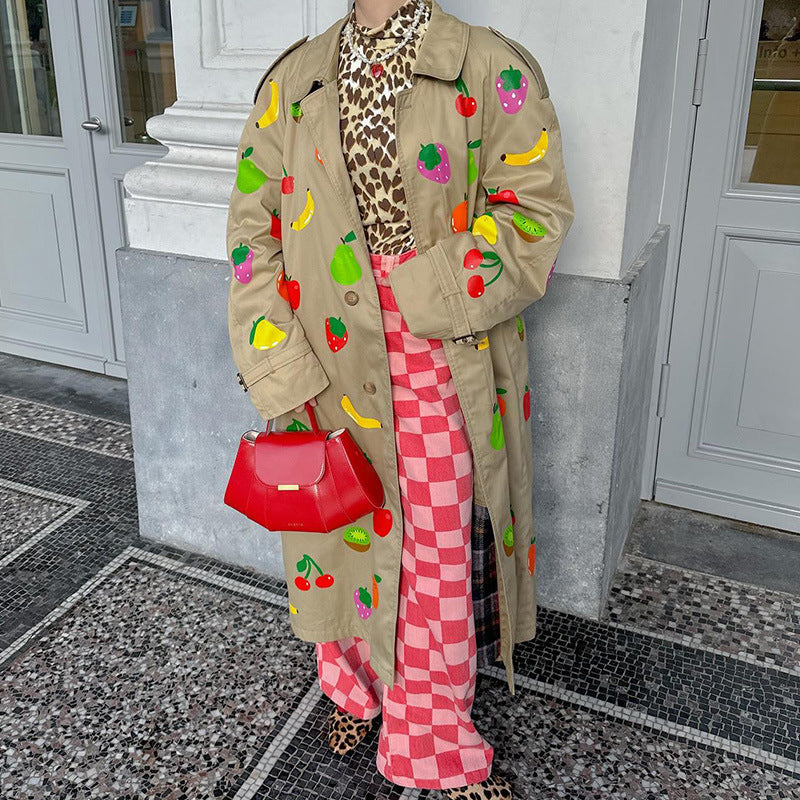 khaki fruit printed lapel coat, view 6 - MRSLM