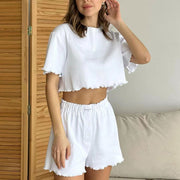 Ruffled cropped top and elastic shorts set, view 2 - MRSLM