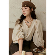 retro v-neck lantern sleeve shirt, view 5 - MRSLM