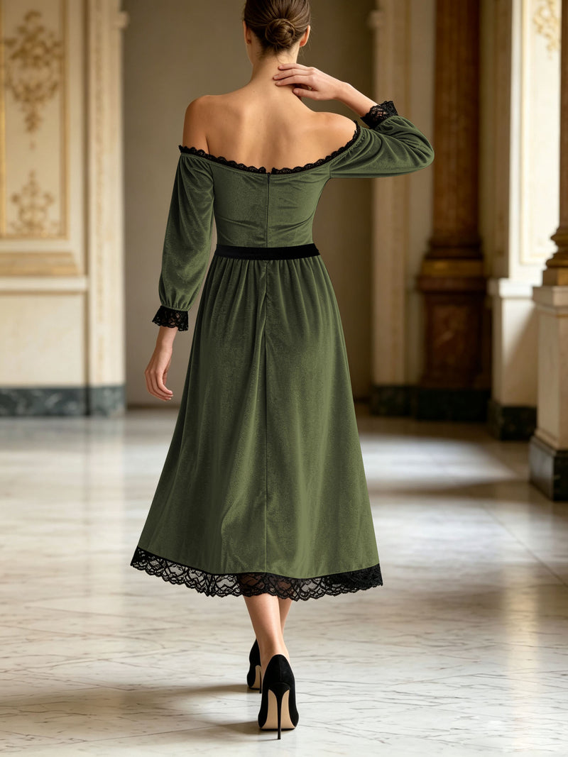 Off-shoulder velvet midi dress with lace trim and bow, view 4 - MRSLM