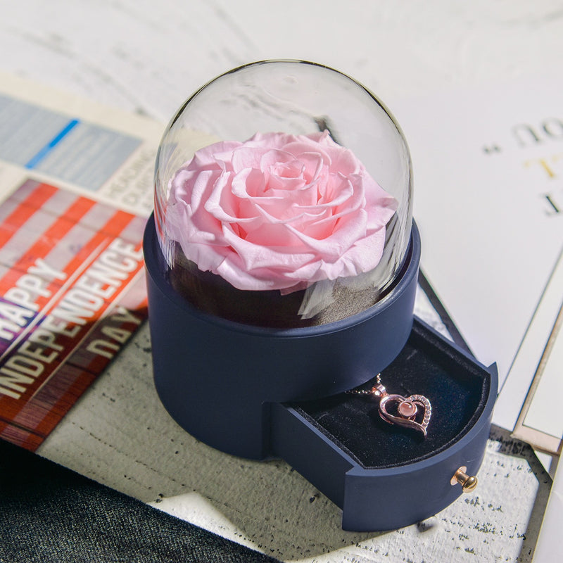 Preserved rose jewelry box with necklace, view 4 - MRSLM