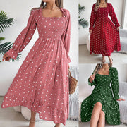 casual square collar polka dot swing dress - MRSLM