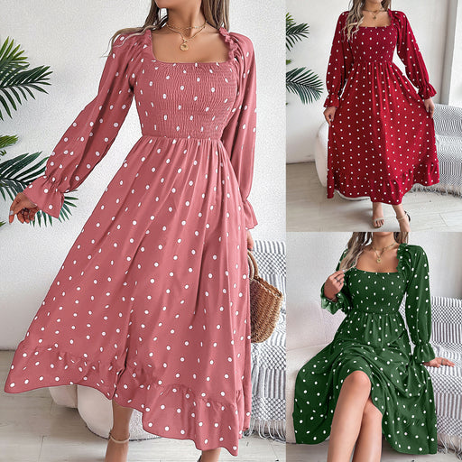 casual square collar polka dot swing dress - MRSLM