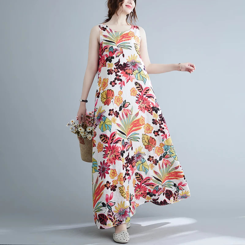 floral print cotton linen long dress - MRSLM