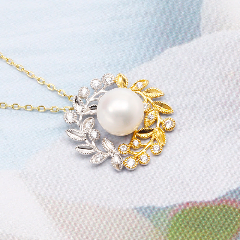 silver pearl leaf necklace, view 3 - MRSLM