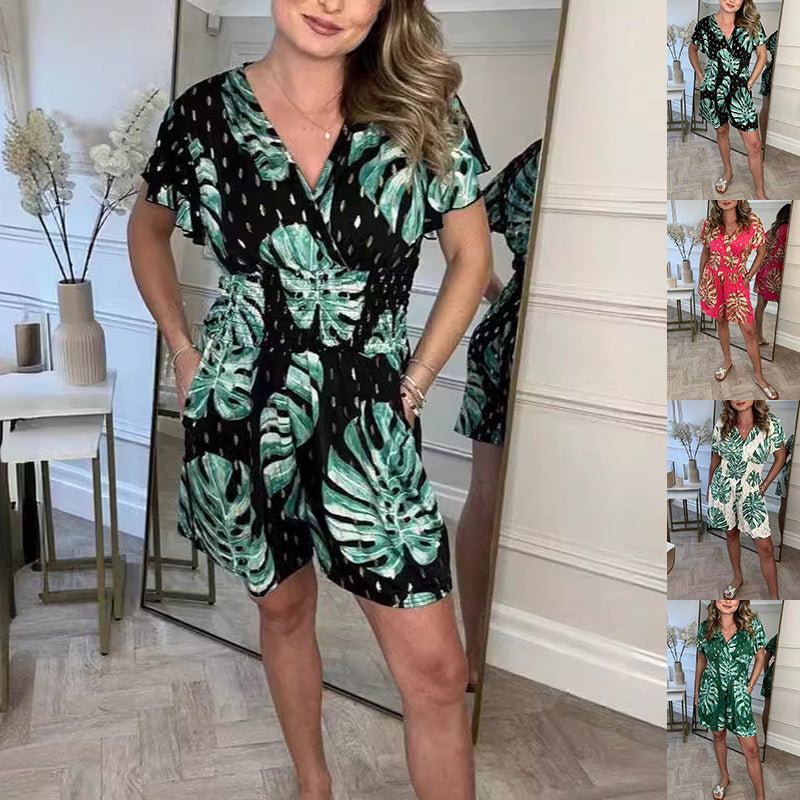 Leaf print short-sleeve summer outfit for women - MRSLM