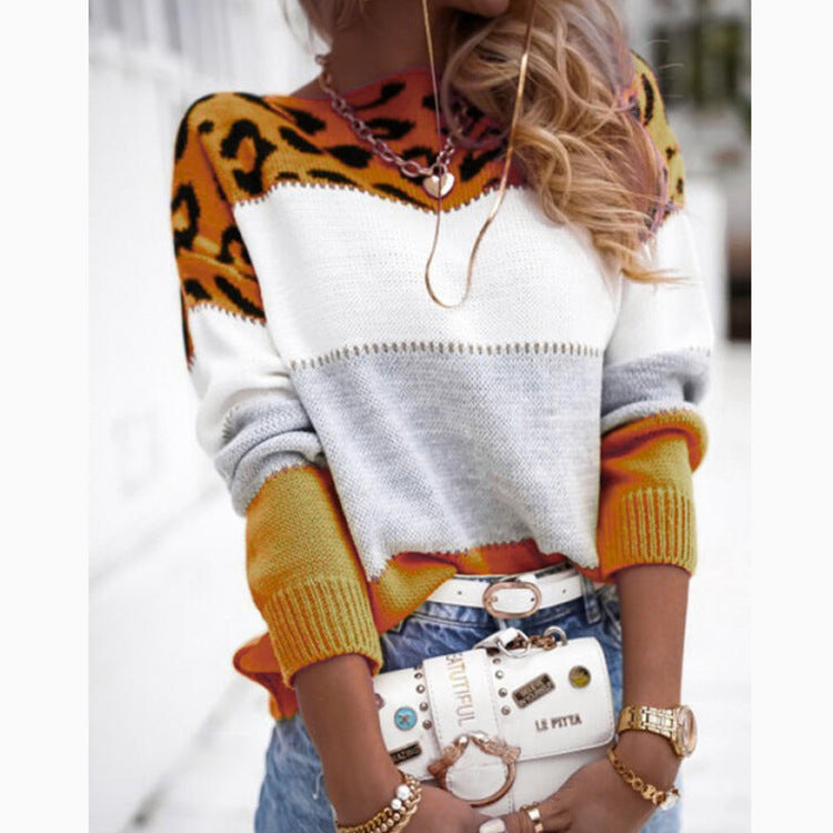 women's leopard print color-block crew sweater, view 10 - MRSLM
