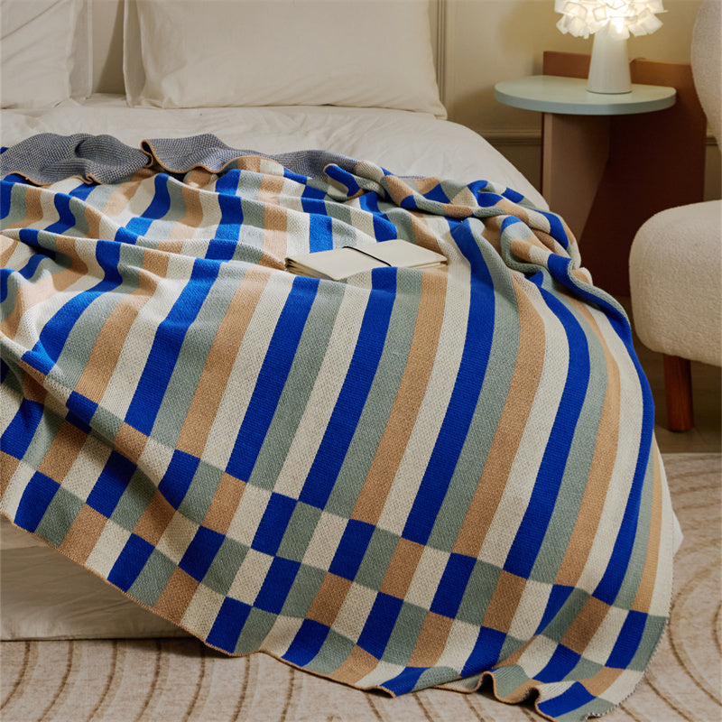 Colorful stripe plaid cotton blanket, view 3 - MRSLM