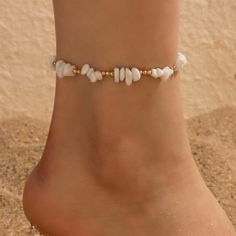 Boho Shell Charm and Crushed Stone Anklet Set