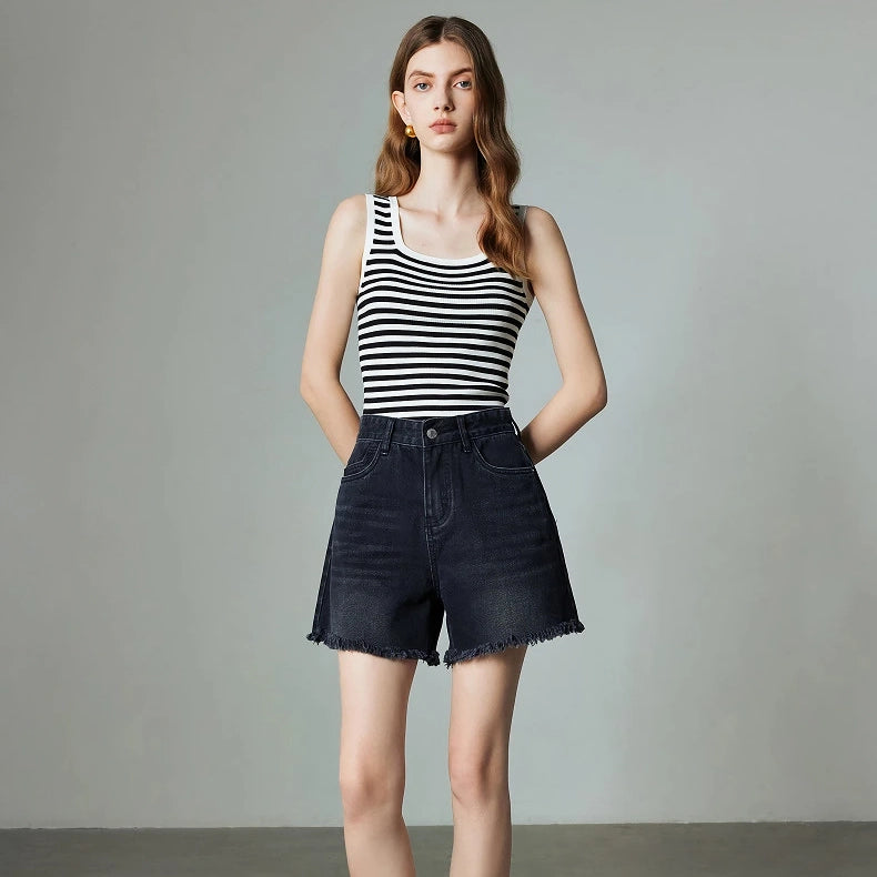 high waist tassel denim shorts, view 12 - MRSLM