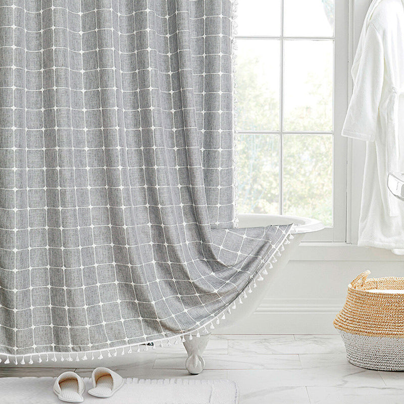 jacquard linen shower curtain with tassels, view 2 - MRSLM