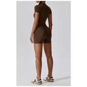 short sleeve zipper yoga bodysuit, view 8 - MRSLM