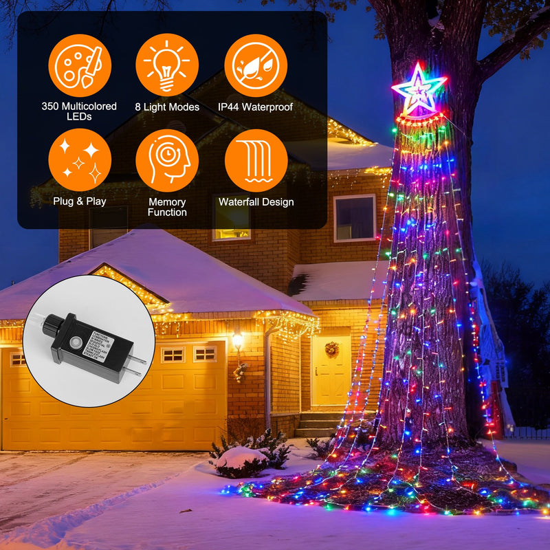 Multicolor waterfall Christmas tree lights with star topper, view 4 - MRSLM