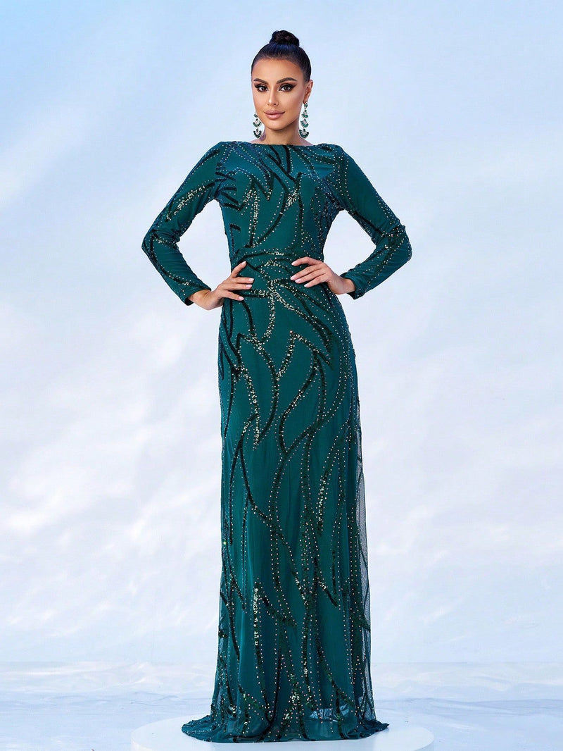 long sleeve sequined banquet dress, view 8 - MRSLM