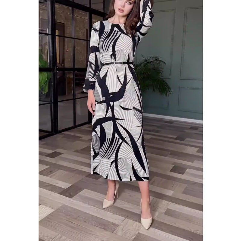 printed belt maxi dress, view 2 - MRSLM
