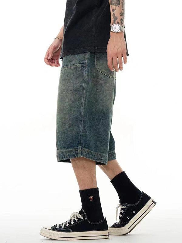 mens loose wide leg washed denim shorts, view 5 - MRSLM