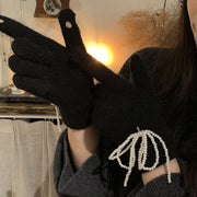Rabbit fur pearl bow gloves, view 6 - MRSLM