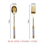 vintage gold ceramic dessert fork and spoon set, view 2 - MRSLM